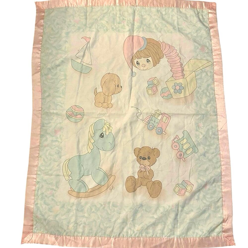 Vintage 80‘s Precious Moments Toys Theme Baby Blanket Crib Blanket Quilt Pastels
